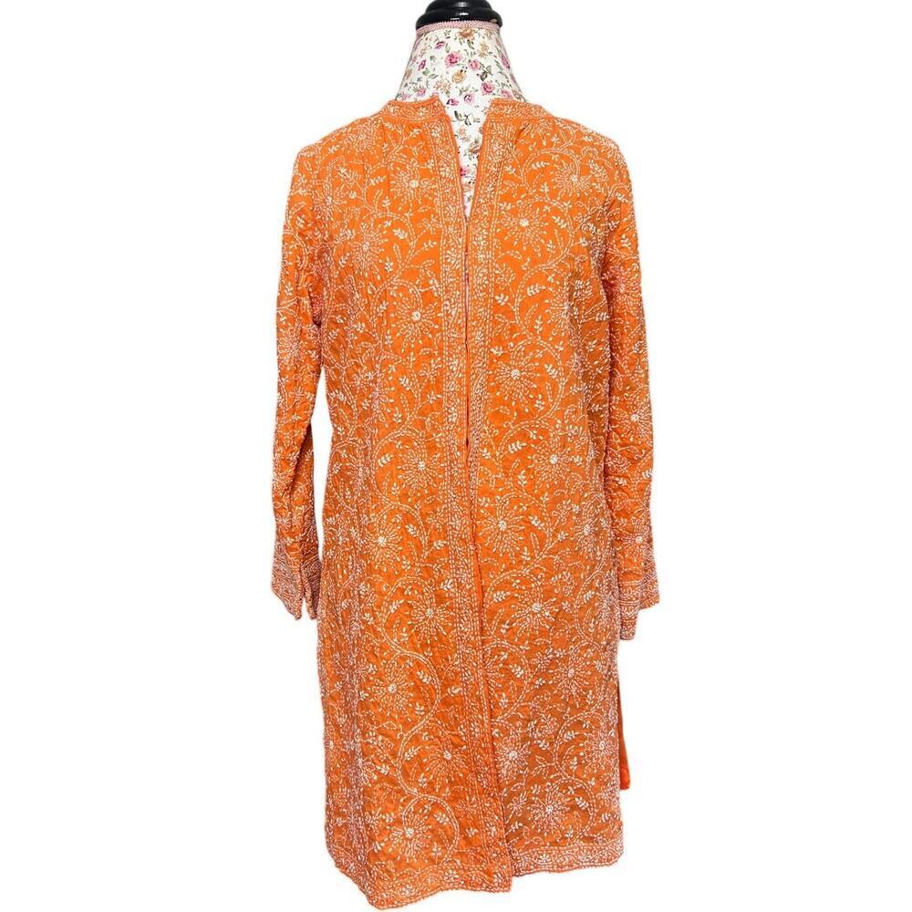 Gretchen Scott Orange White Floral Embroidered Tunic Jacket Coverup Size Medium